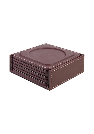 Bardak Altlığı,6 Lı Set,masaüstü Yuvarlak Cup Coaster,vegan Suni Deri,11x11 Cm.,bordo Bordo