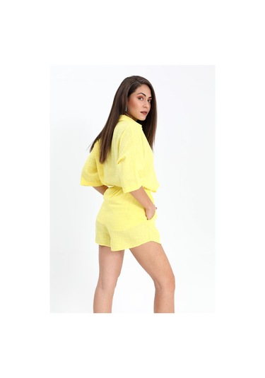 Pamuk Keten Şort Gömlek Kadın İkili Takım - Sarı-sarı Sarı