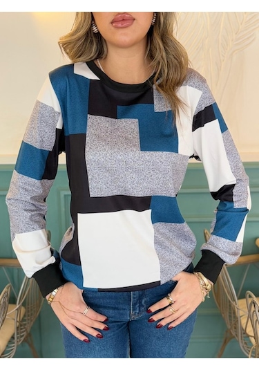 Nnstartshopping Kadın Uzun Kollu Bisiklet Yaka Renkli Blok Baskı Dalgıç Bluz Mavi
