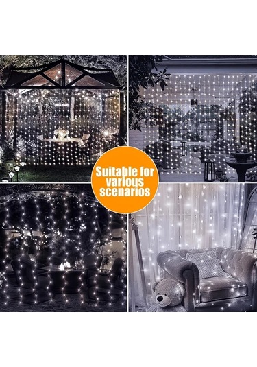 Gateesat 1 Adet 9.8ft Solar Perde Işık 8 Desenli 300 Led Beyaz Bahçe Dekor Beyaz