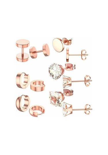 Gül Altın 6 Pairs Paslanmaz Çelik Cz Damızlık Küpe Huggie Hoop Kulak Delme Kadın Erkek Set Moda Takı Çok Renkli