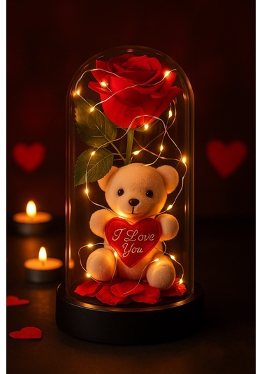 Led Işıklı Mika Fanus İçinde Gül Ve Lüx Peluş Ayıcık 20 Cm Sevgiliye Hediye Kırmızı