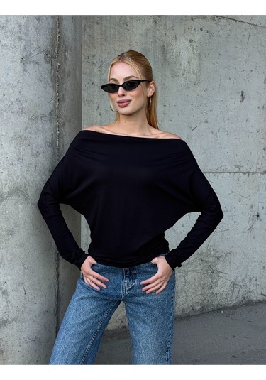 Kadın Kayık Yaka Full Esnek Asimetrik Kesim Comfort Spor Şık Tasarım Yumoş Bluz Siyah