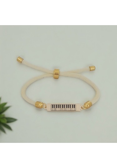 Archin Piyano Temalı Dikdörtgen Figürlü Beyaz Örgülü 14 Ayar Altın Plakalı Hediye Bileklik-413sembol Piyano