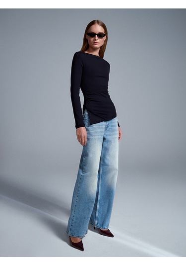 Dilvin 32198 Kayık Yaka Büzgülü Top-siyah Siyah