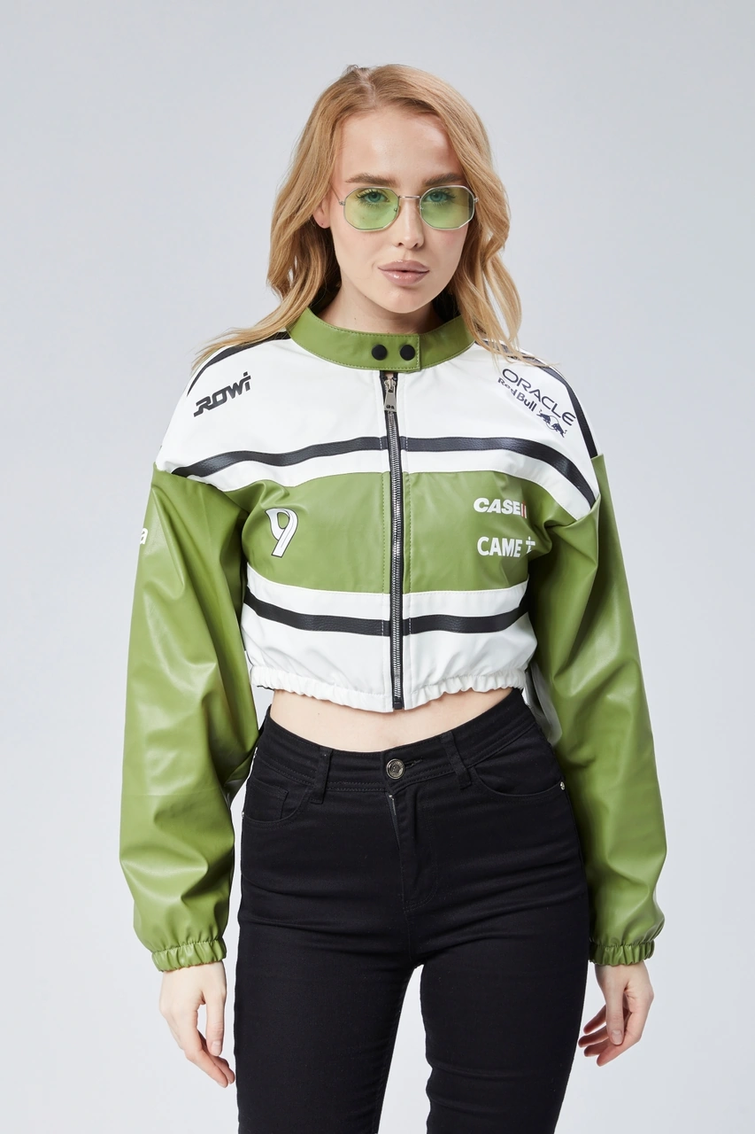 Kadın Deri Baskılı Şeritli Ceket Beli Ve Kolu Lastikli Kolej Hakim Yaka Bomber Yarışçı Motorcu Mont Yeşil