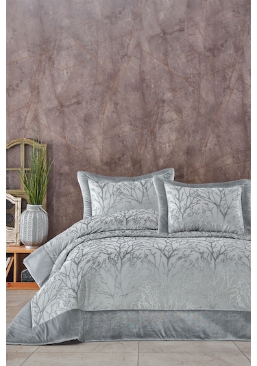 Elart Elyaf Dolgulu Pano Kadife Çift Kişilik  Yatak Örtüsü Takımı Gümüş 260 x 270 Gümüş