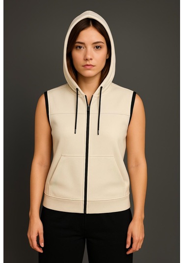 Axxel Kadın Krem Fermuarlı Kapüşonlu Kanguru Cepli Kolsuz Yelek-y1142-k Krem