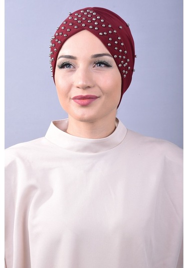 Kadın Tesettür İncili Taşlı Havuz Dış Bone Kırmızı Kırmızı