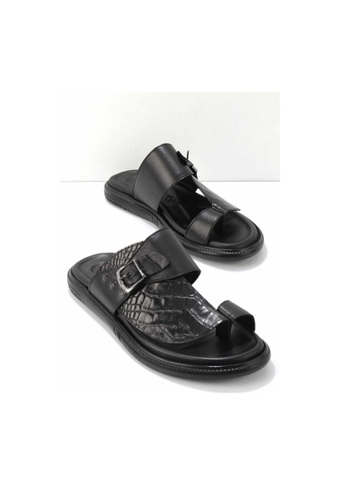 Siyah Hakiki Deri Erkek Terlik E04322038411 Siyah