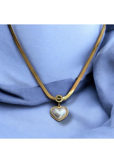 Kırmızı Sanat Evi İncili Kalp Uçlu Love Yazılı Çelik Zincir Kolye