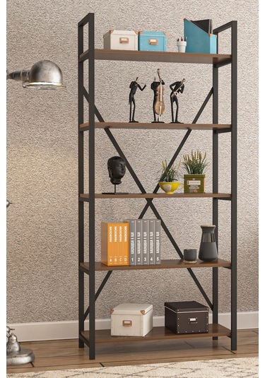 Wood House - Deniz Metal 5 Raflı Kitaplık-ceviz