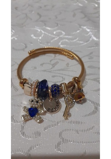 Uzel Çelik Sarı Gold Model Anahtarlı Ayıcık Charmlı Çelik Bileklik Mavi