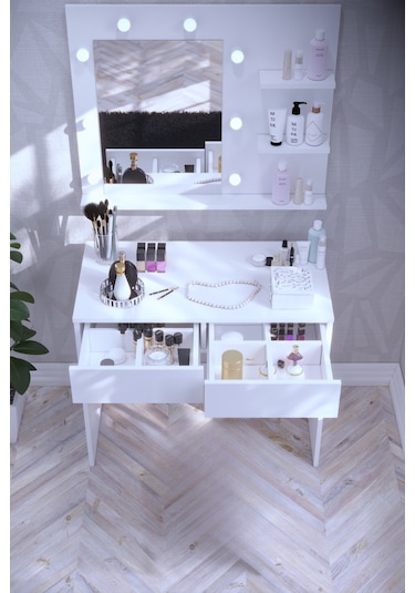 Tokyo Kulis Işıklı Aynalı Tabureli Çekmeceli Makyaj Masası Beyaz