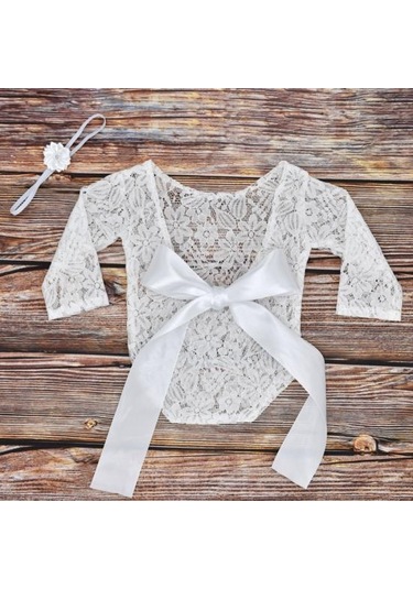 Bej Yenidoğan Bebek Kız Ilmek Yumuşak Dantel Romper Çiçek Kafa Bandı Fotoğraf Sahne Bej