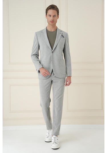 Comfort Fit Mono Yaka Çift Yırtmaç Torba Cep Casual Gri Ceket C 698 Gri