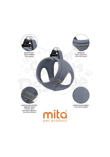 Mita Air Mesh Kedi Köpek Göğüs Tasması Çift Reflektörlü, Terletmeyen Antrasit