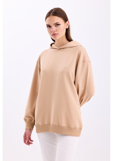 Pastelastore Pamuklu Kapüşonlu 2 İplik Baharlık Oversize Sweatshirt Bej