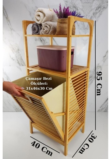 Dekorasyaa Bambu 2 Katlı Çok Amaçlı Banyo Düzenleyici Çamaşır Sepeti Organizer - Krem Krem