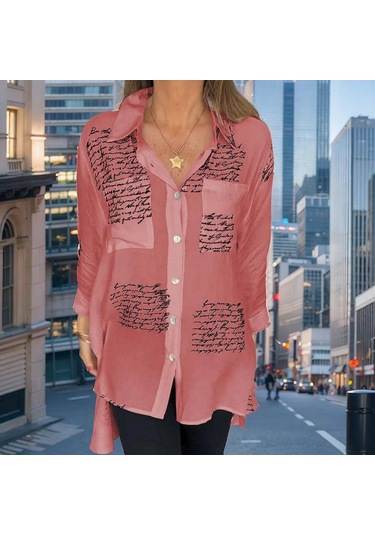 Kadın Yaz Baskılı Gevşek Günlük Smokin Gömlek Pembe