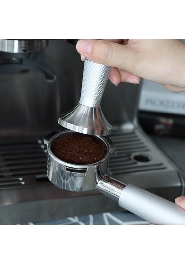 Konesam 53mm Çelik Kahve Tamper Ve Dağıtıcı 2'li Set - Breville 54mm Filtre Sepetine Uygun - Gümüş Gümüş