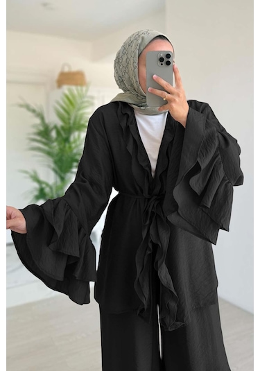 Fırfır Detaylı Volan Kollu Takım - Siyah Siyah