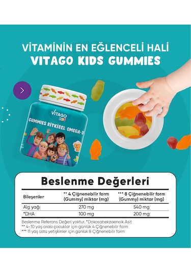 Vitago Kids Gummies Bitkisel Omega 3 Takviye Edici Gıda 60 Tablet