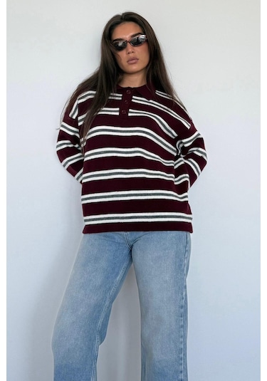 Bordo Polo Yaka Çizgili Kadın Triko Kazak Mg2469 Bordo