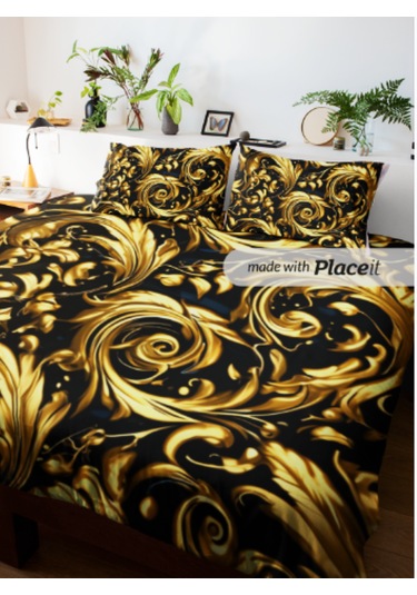 Motif Çift Kişilik Nevresim Takımı Pamuk Saten 240 260 Cm Altın Sarısı