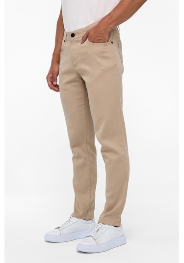 Süvari Bej Slim Fit 5 Cep Kalıp Armürlü Kanvas Pantolon-35413 Bej