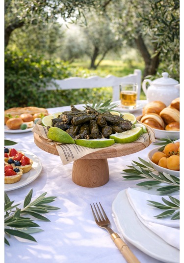 Kayın Ağacı Lucca 25 Cm Ayaklı Yuvarlak Sunumluk Pasta, Kek Ve Kahvaltı Servis Tabağı Açık kahverengi