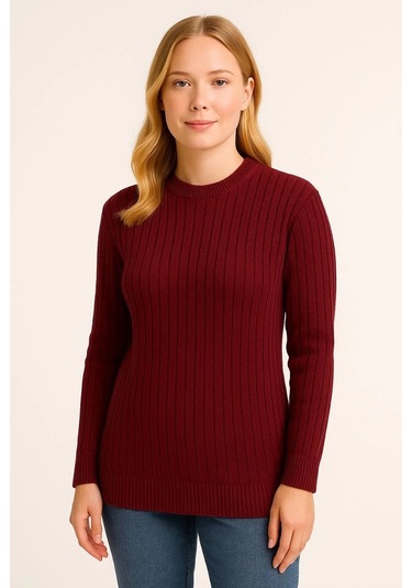 Kadın Bisiklet Yuvarlak Yaka Triko Kazak Pamuklu Kalın Fitilli Dokuma, Regular Fit Uzun Kollu Kışlık Bordo