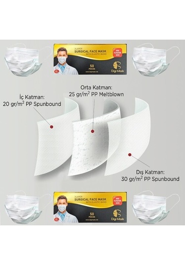 Digi Mask 3 Katlı Telli Lastikli Cerrahi Maske 100 Adet