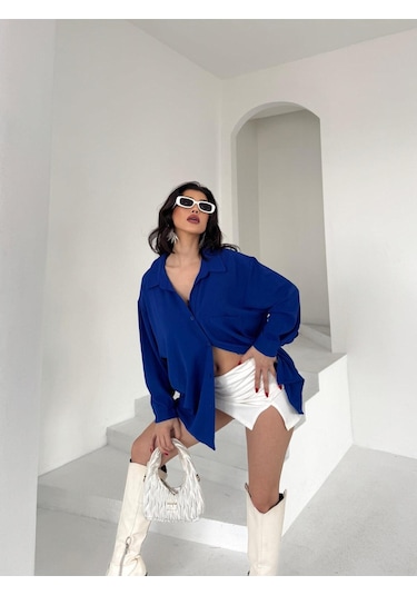 Paw Garage Kadın Flory Ayrobin Oversize Tek Cep Gömlek Saks