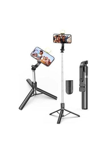 Apple Uyumlu iPhone  12 Pro  R1s-l Mini Led Fill Light Tripod Selfie Stick 3 İn 1
