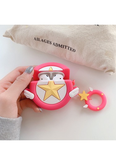 Kosona Airpods Uyumlu İçin Pembe Büyüsel Yıldız Desenli Silikon Kılıf - 360 Derece Koruma Ve Taşıma Kayışı Gül