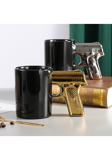 Suofeng Gümüş Altın 3d Tabanca Desenli Seramik Kupa, Kahve/su İçimi, 301-400ml, Siyah Renk, Dayanıklı Malzeme, Özel Hediyelik Siyah