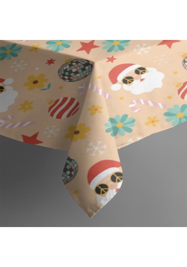 Noel Desenli Dikdörtgen Masa Örtüsü 60x84 İnç, Su Geçirmez Ve Leke Tutmaz Noel Baba Noel Diskoli
