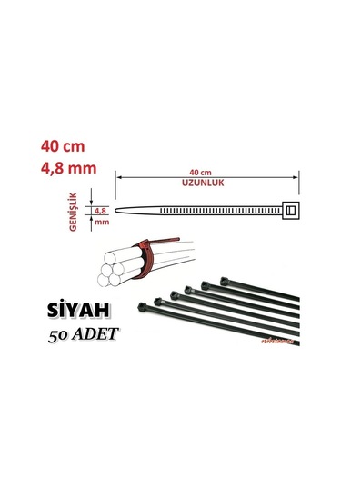 50 Adet Pemsan 40Cm X 4.8Mm Plastik Cırt Kelepçe Siy.Ah