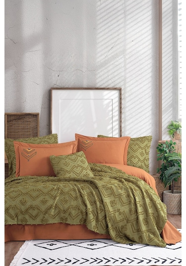 İyi Geceler İstanbul Aztec Haki Çift Kişilik %100 Pamuk Yatak Örtüsü Seti Haki