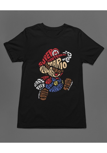 Bumeta Mario Super Mario Ateri Kaset Game Unisex Tişört T-shirt Siyah