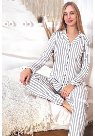 Kadın Çizgili Desen Suprem Pijama Takımı 0489 Gri03 Gri03