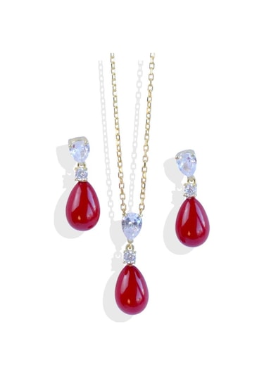 Mercan Taşlı Damla Gold Gümüş Set Gümüş