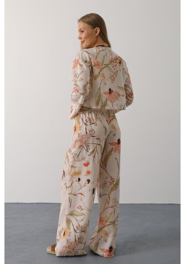 Çiçek Desen Önü Bağlamalı Pantolon Takım - Taş Altın