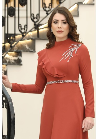 Elif Taşlı Tesettür Elbise Kiremit Kiremit