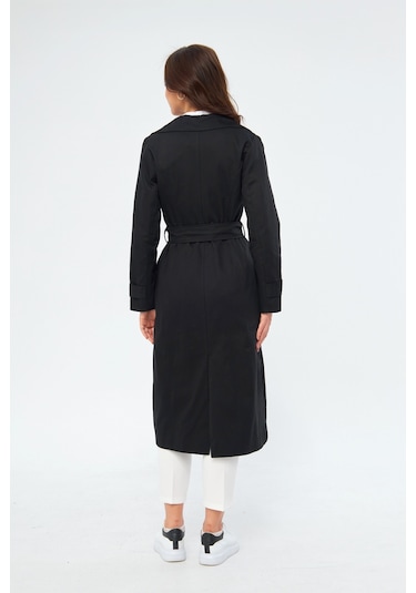 %100 Pamuk Ekstra Uzun 120cm Kruvaze Kadın Trençkot 1121 Siyah