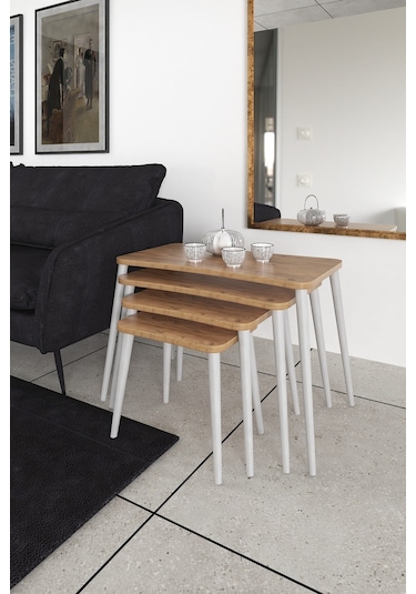 Selen 4lü Zigon Sehpa Ahşap Beyaz Ayaklı Salon Seti Çay Sehpası Çam