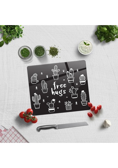 Decorita Cam Kesme Tahtası|Free Hugs-Siyah Fon|29cmx34cm