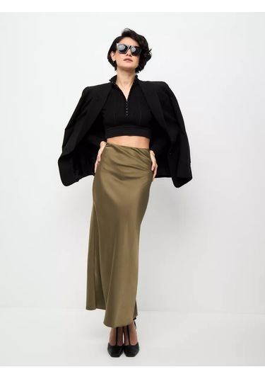 Safıa Brend Saten Uzun Gece Eteği 208183087 Khaki