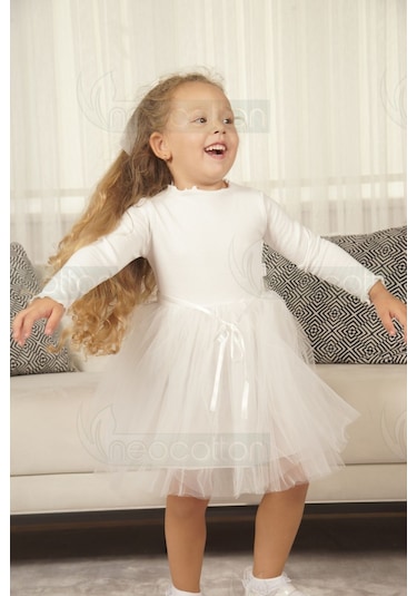 Tüllü Baskısız Düz Üst Kısım Ribana Alt Kısım Astarlı Tütü Etek Kız Çocuk Prenses Uzun Kollu Elbise Uzun-beyaz Beyaz